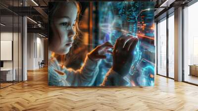 Future technology, augmented reality and cyberspace concept. Education new technology. EdTech. Little girl uses a futuristic processor for augmented reality. Science technology concept Wall mural